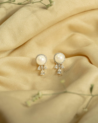 925 Sterling Silver Pearl Halo Stud Earrings with CZ Drops | Fancy Screw Back Tops