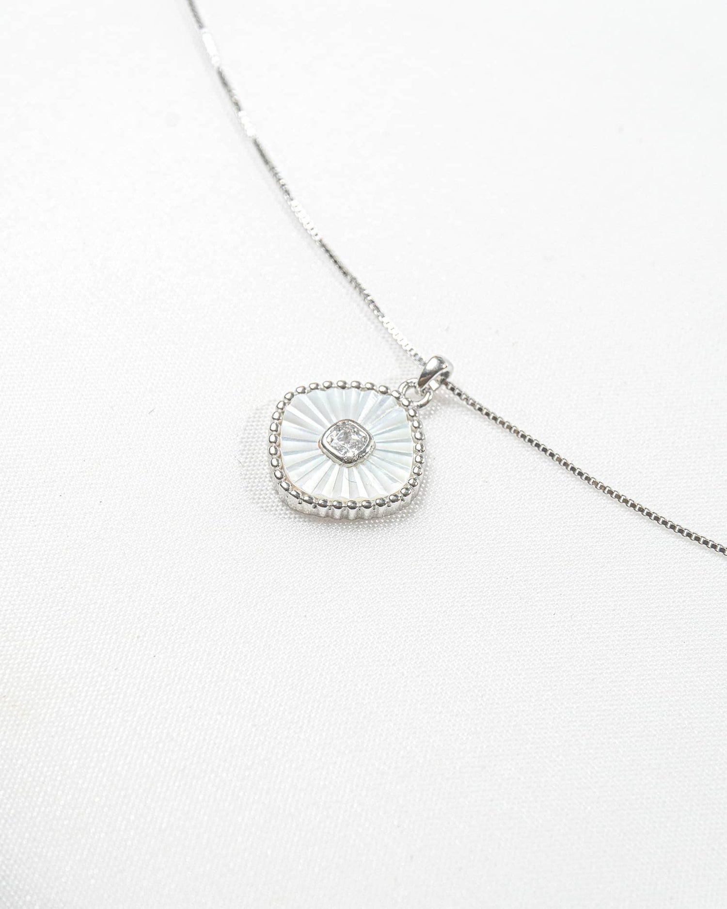 92.5 Sterling Silver White Sunburst Cushion Pendant Necklace | Minimalist MOP Style Charm