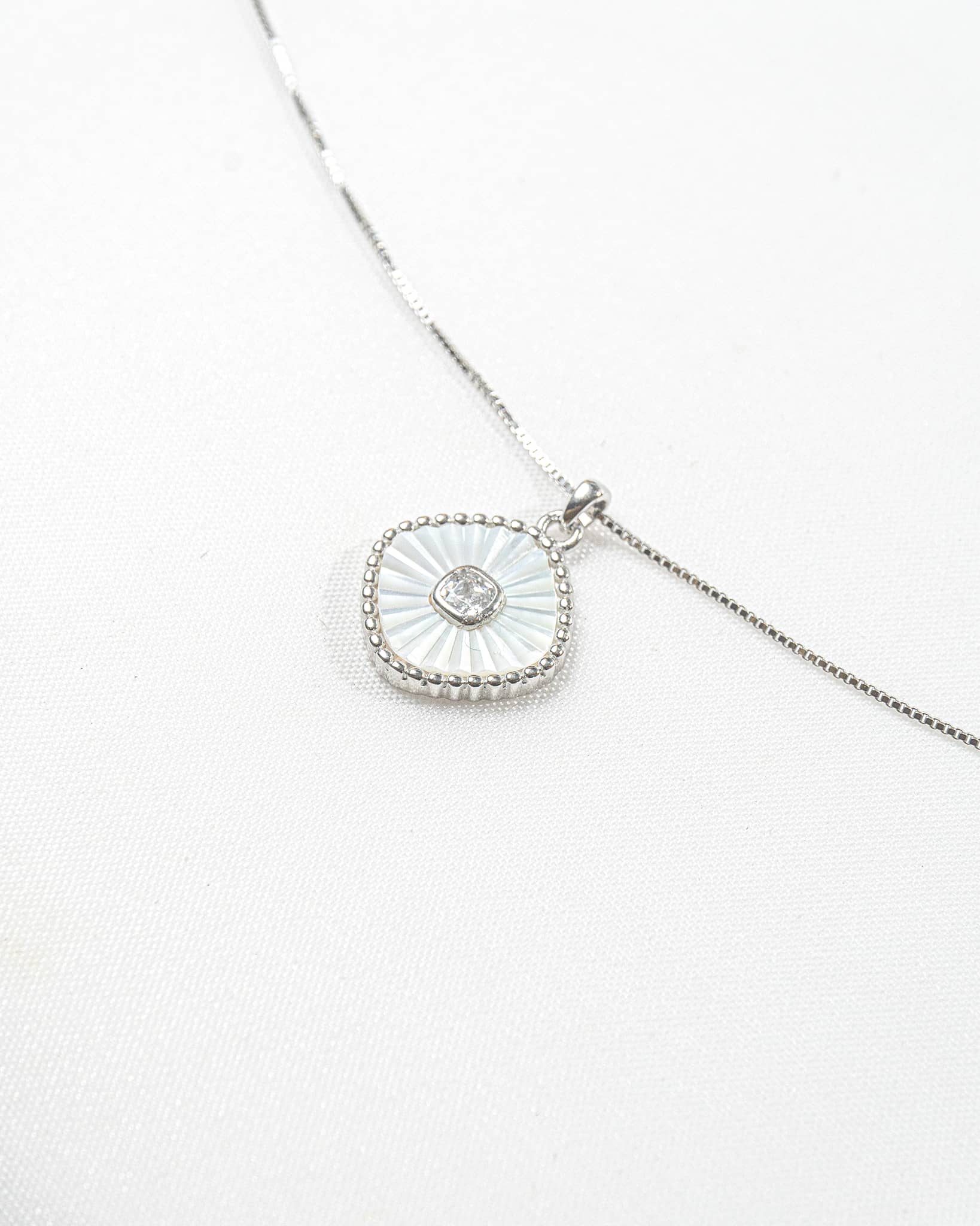 92.5 Sterling Silver White Sunburst Cushion Pendant Necklace | Minimalist MOP Style Charm
