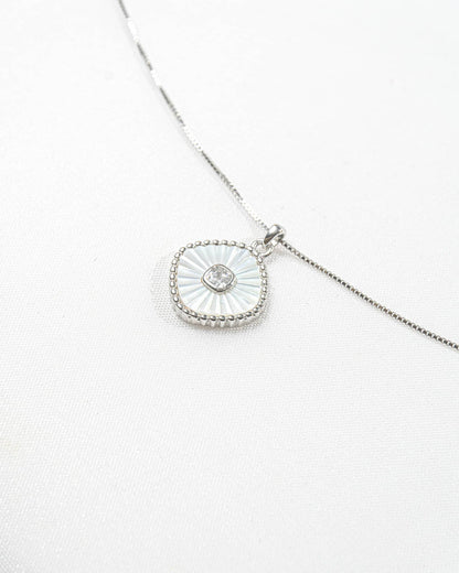 92.5 Sterling Silver White Sunburst Cushion Pendant Necklace | Minimalist MOP Style Charm