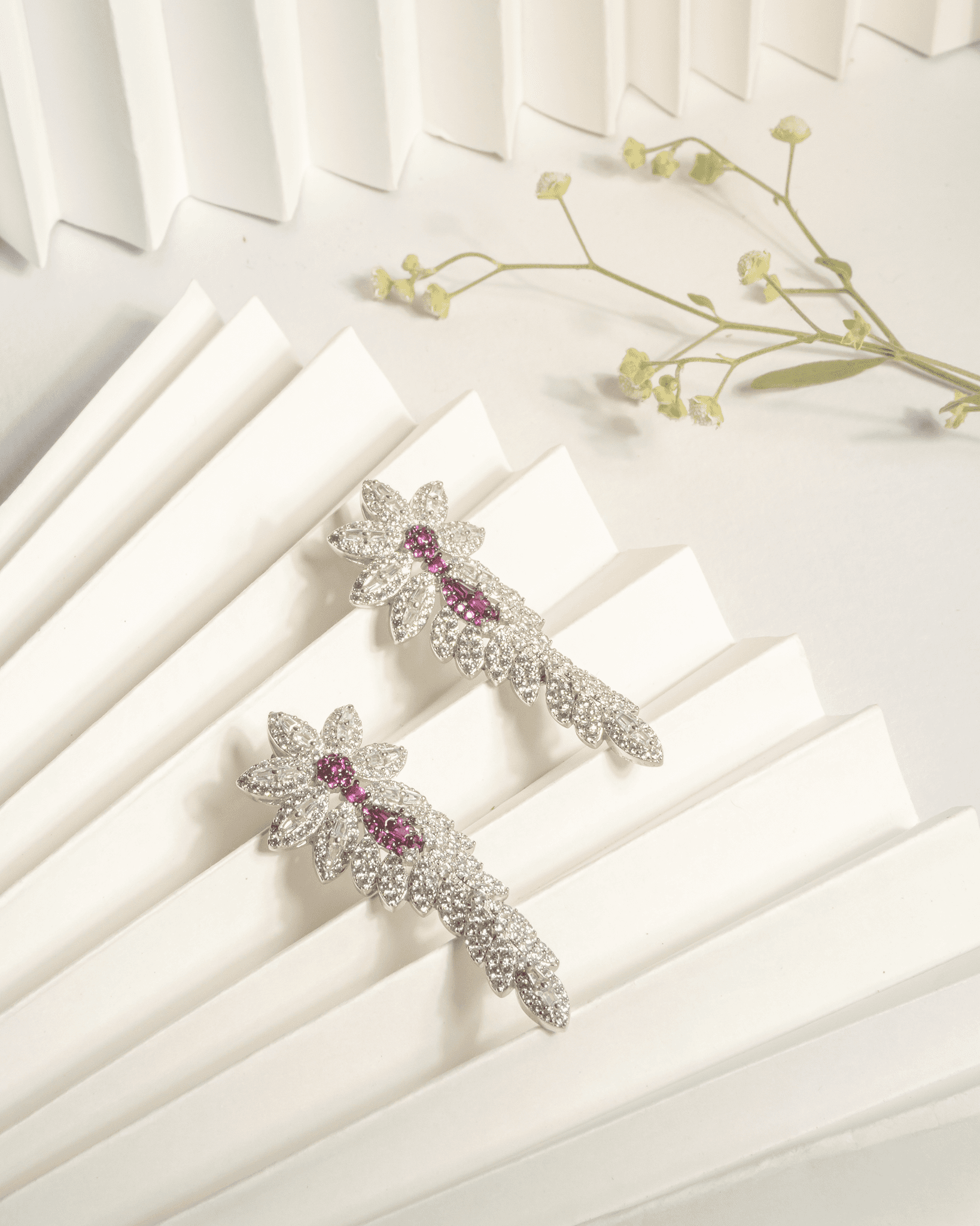 925 Sterling Silver American Diamond (AD) Floral Dangler Earrings | Ruby Pink & Clear Stones
