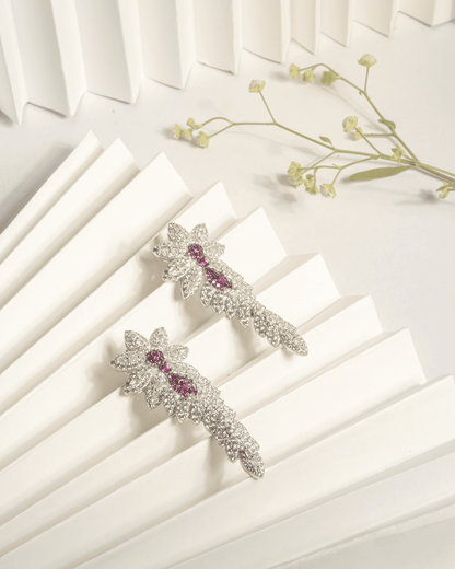 925 Sterling Silver American Diamond (AD) Floral Dangler Earrings | Ruby Pink &amp; Clear Stones
