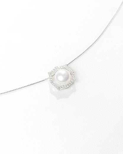 92.5 Sterling Silver Pearl &amp; American Diamond Geometric Halo Necklace | Modern AD Pendant