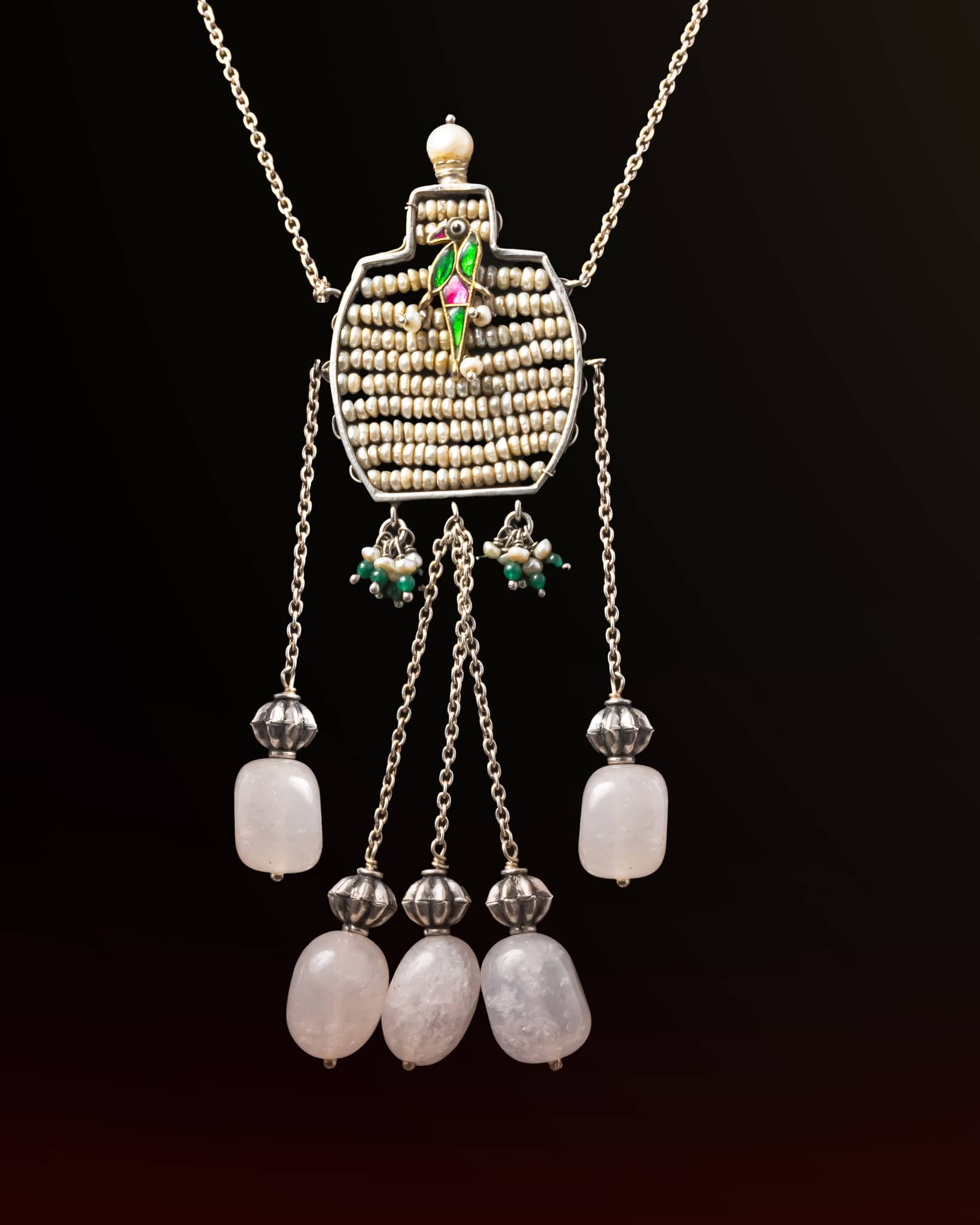 92.5 Sterling Silver Pearl Woven Pendant Long Necklace | Enamel Bird & Rose Quartz Tassel Haar