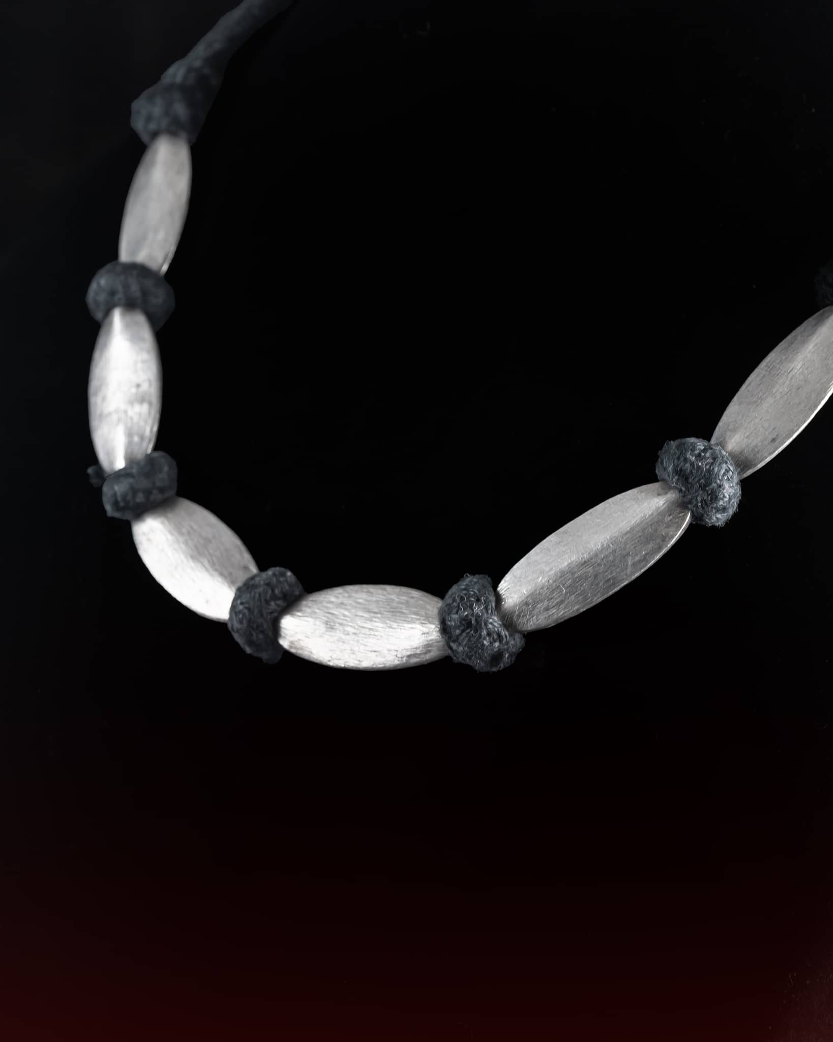 92.5 Sterling Silver Matte Oval Bead Necklace | Black Thread Knotted Dholki Mala