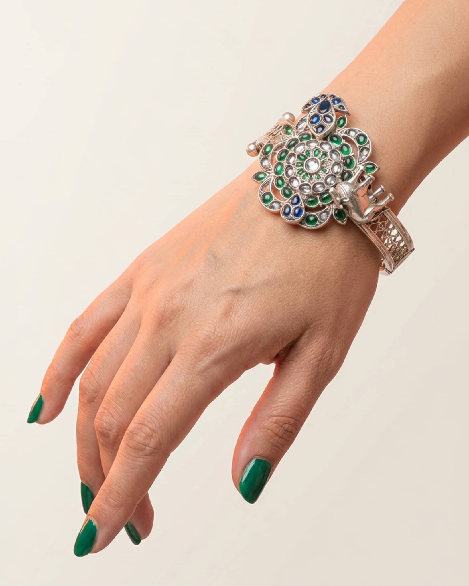 92.5 Sterling Silver Green & Blue Jadau Floral Bangle | Royal Antique Openable Kada