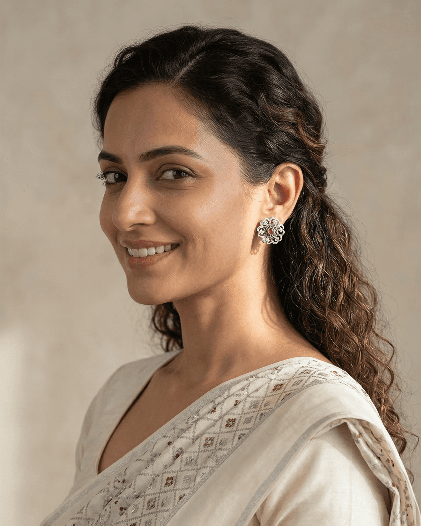 92.5 Sterling Silver Oxidized Floral Studs | Ruby Center Cut-Out Earrings
