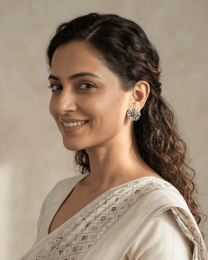 92.5 Sterling Silver Oxidized Floral Studs | Ruby Center Cut-Out Earrings