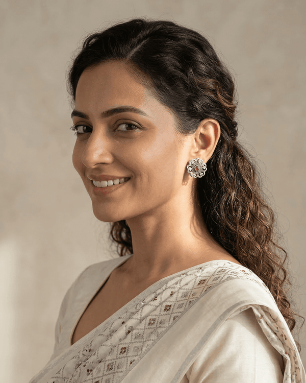 92.5 Sterling Silver Oxidized Floral Studs | Ruby Center Cut-Out Earrings