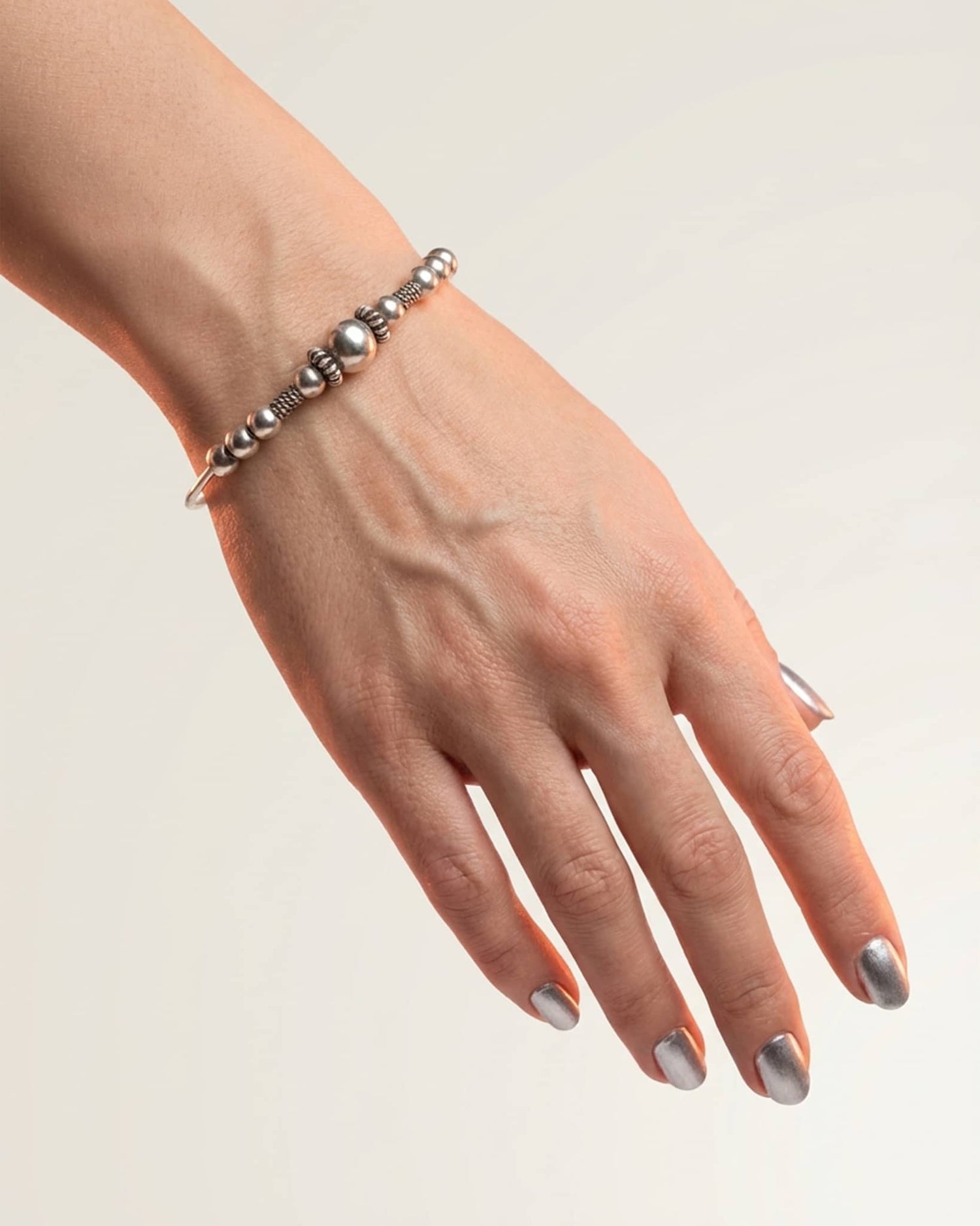 Oxidized Silver Beaded Open Cuff Bangle | Tribal Boho Adjustable Bracelet