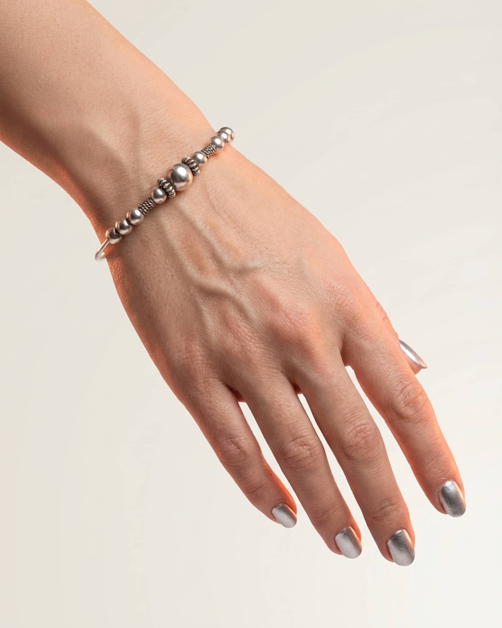 Oxidized Silver Beaded Open Cuff Bangle | Tribal Boho Adjustable Bracelet