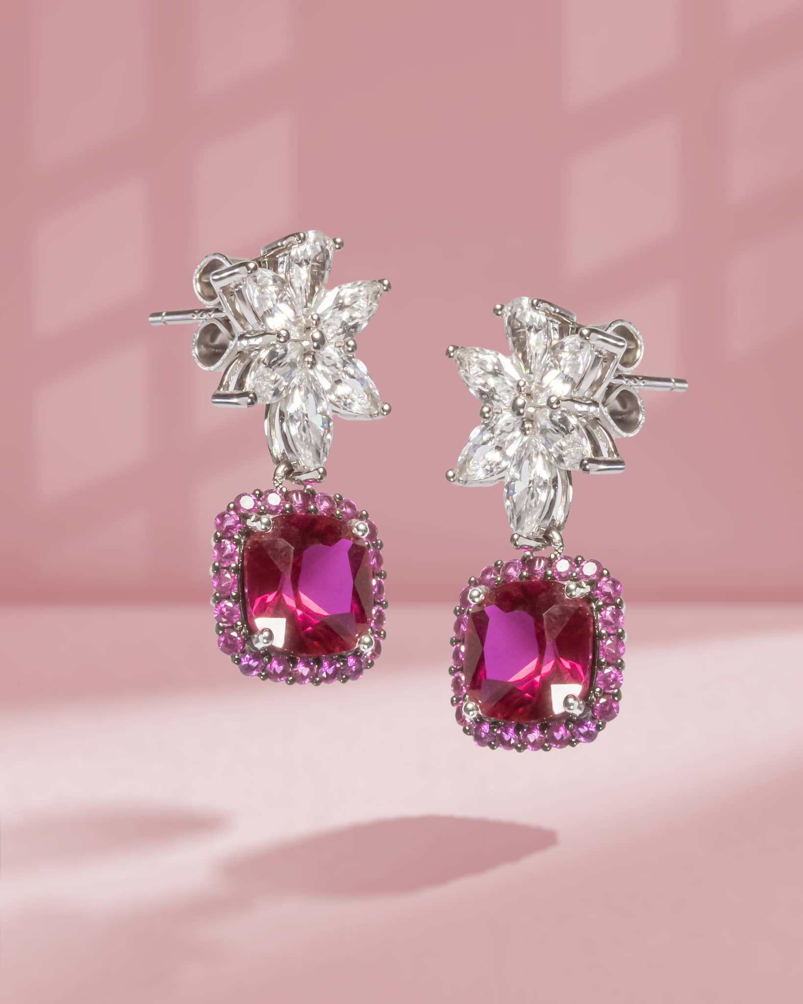 925 Sterling Silver Ruby Red Cushion Drop Earrings | Marquise Floral Stud with Pink Halo