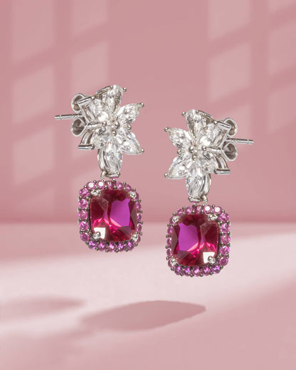 925 Sterling Silver Ruby Red Cushion Drop Earrings | Marquise Floral Stud with Pink Halo