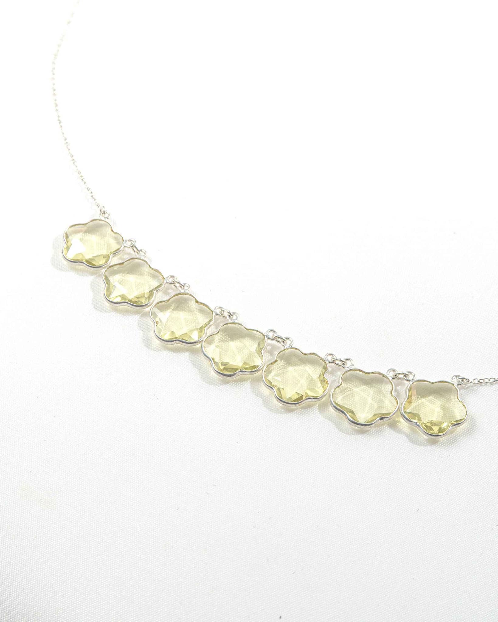 92.5 Sterling Silver Lemon Yellow Floral Collar Necklace | 7-Flower Bezel Chain