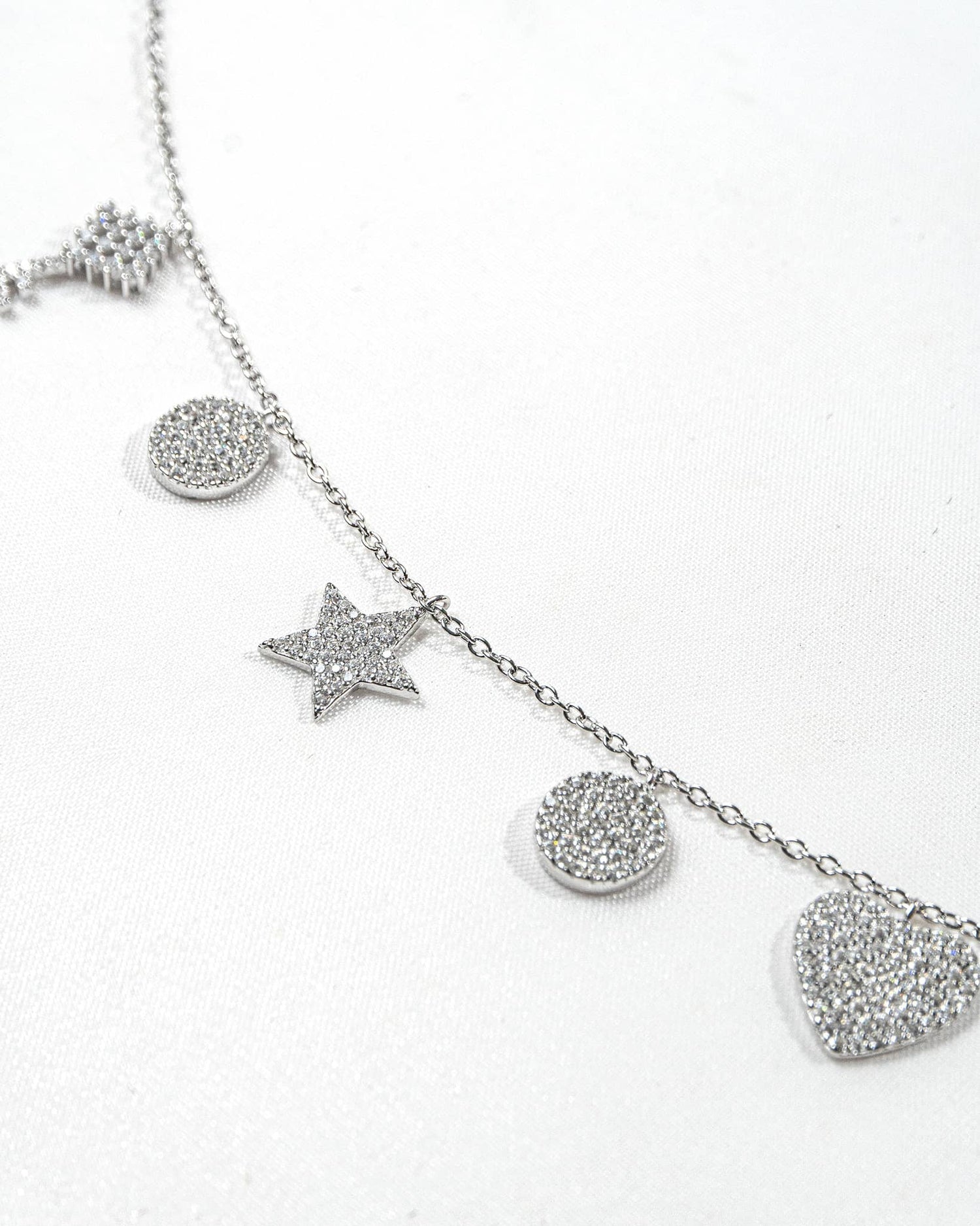 92.5 Sterling Silver Multi-Charm Necklace | CZ Key, Star, Heart &amp; Disc Dangles