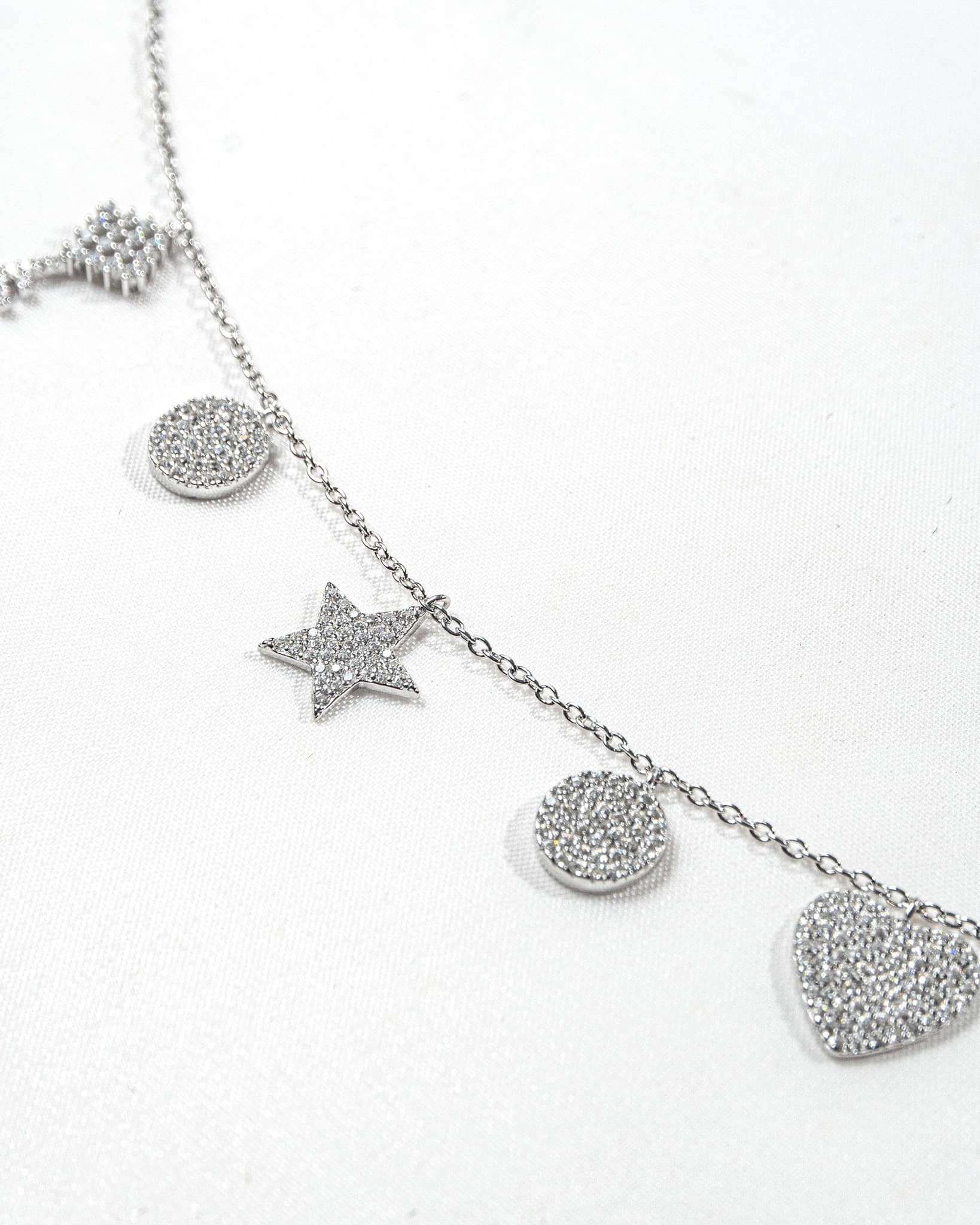 92.5 Sterling Silver Multi-Charm Necklace | CZ Key, Star, Heart & Disc Dangles