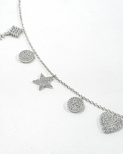 92.5 Sterling Silver Multi-Charm Necklace | CZ Key, Star, Heart &amp; Disc Dangles