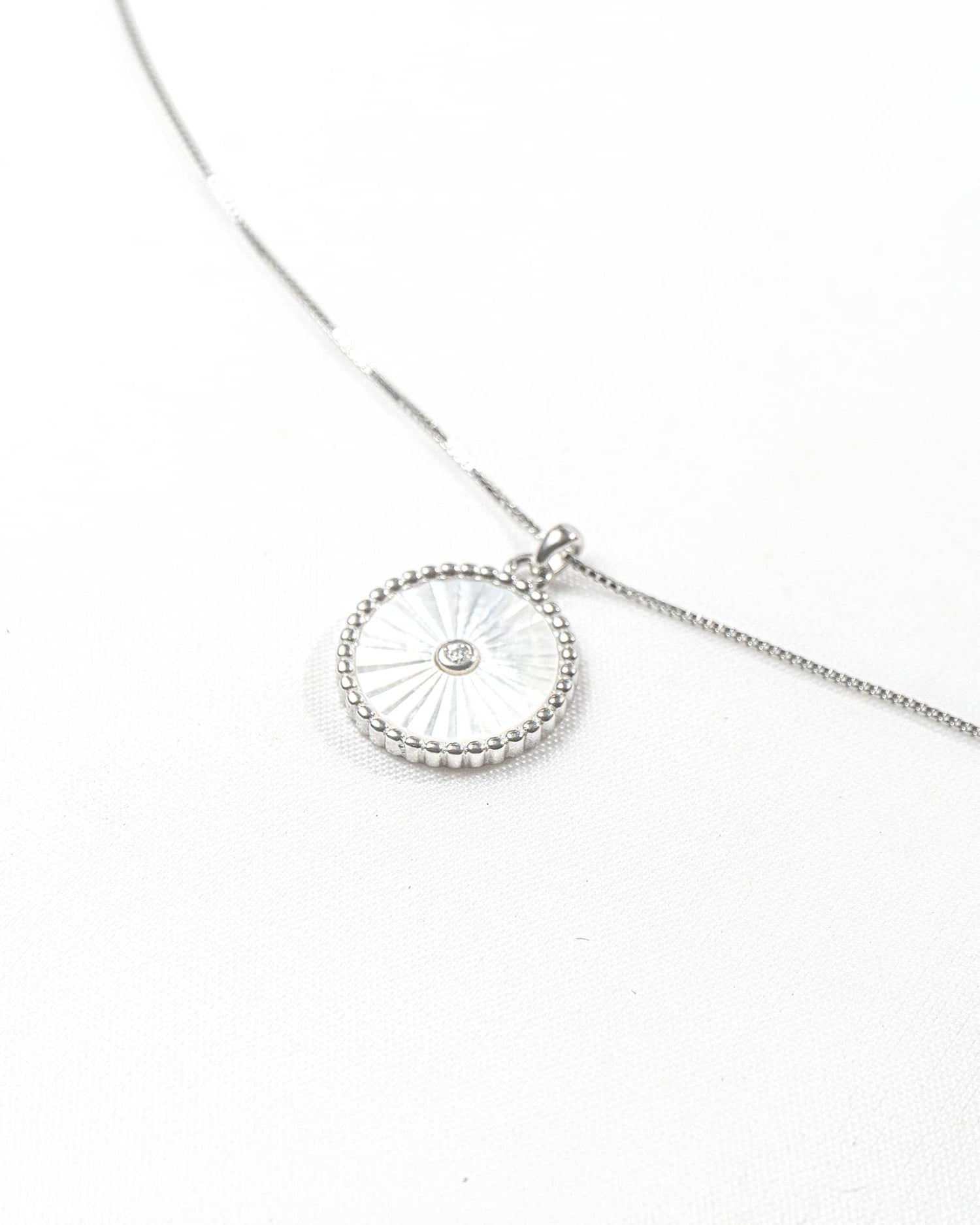 92.5 Sterling Silver White Sunburst Round Pendant Necklace | Minimalist Circle Charm