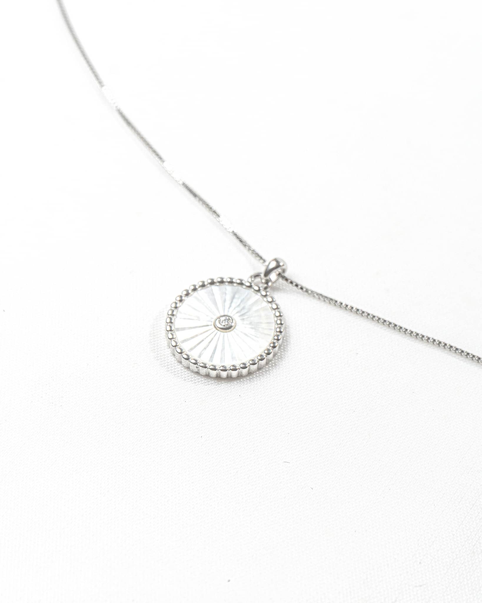 92.5 Sterling Silver White Sunburst Round Pendant Necklace | Minimalist Circle Charm