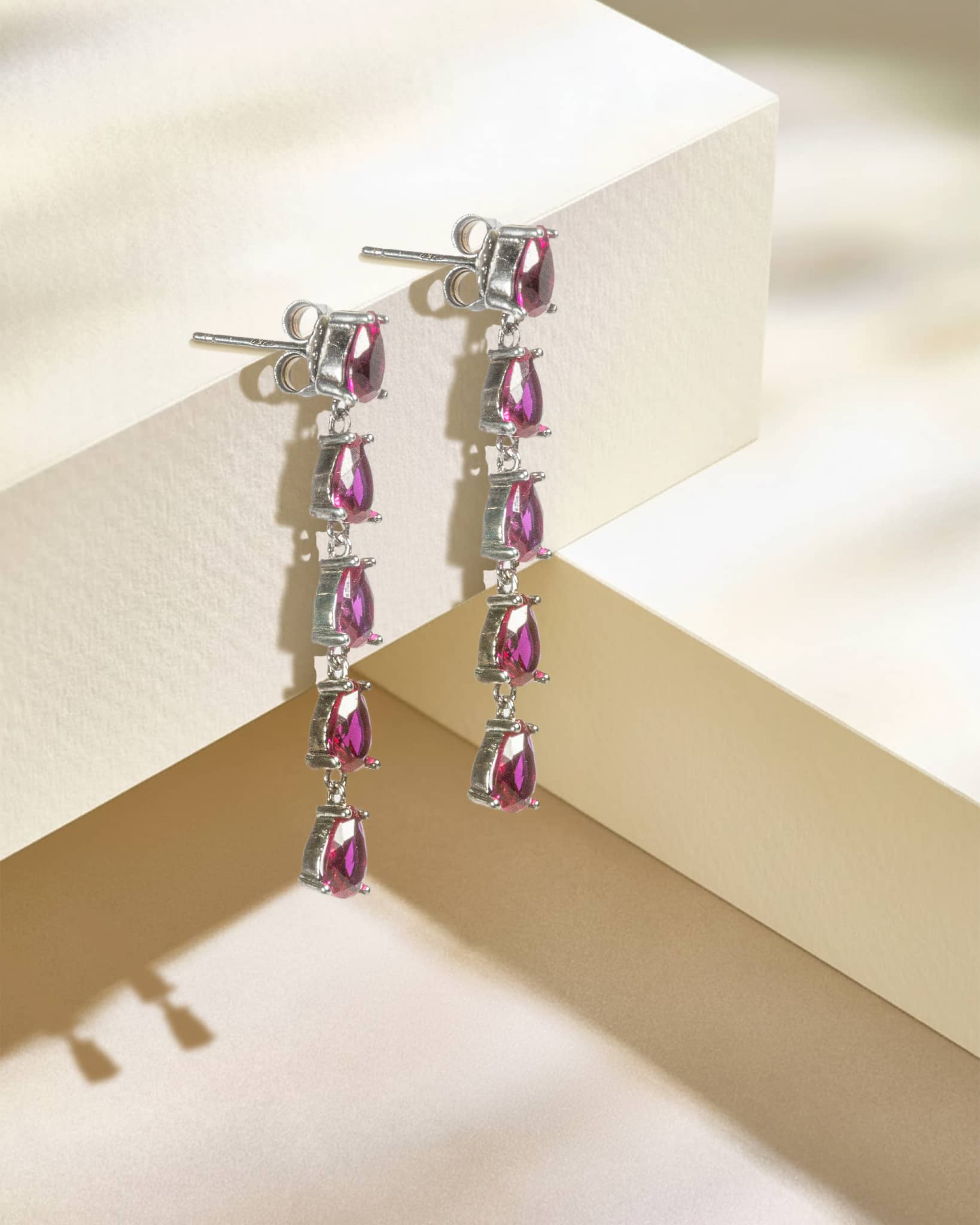925 Sterling Silver Long Linear Ruby Drop Earrings | 5-Stone Teardrop Dangler