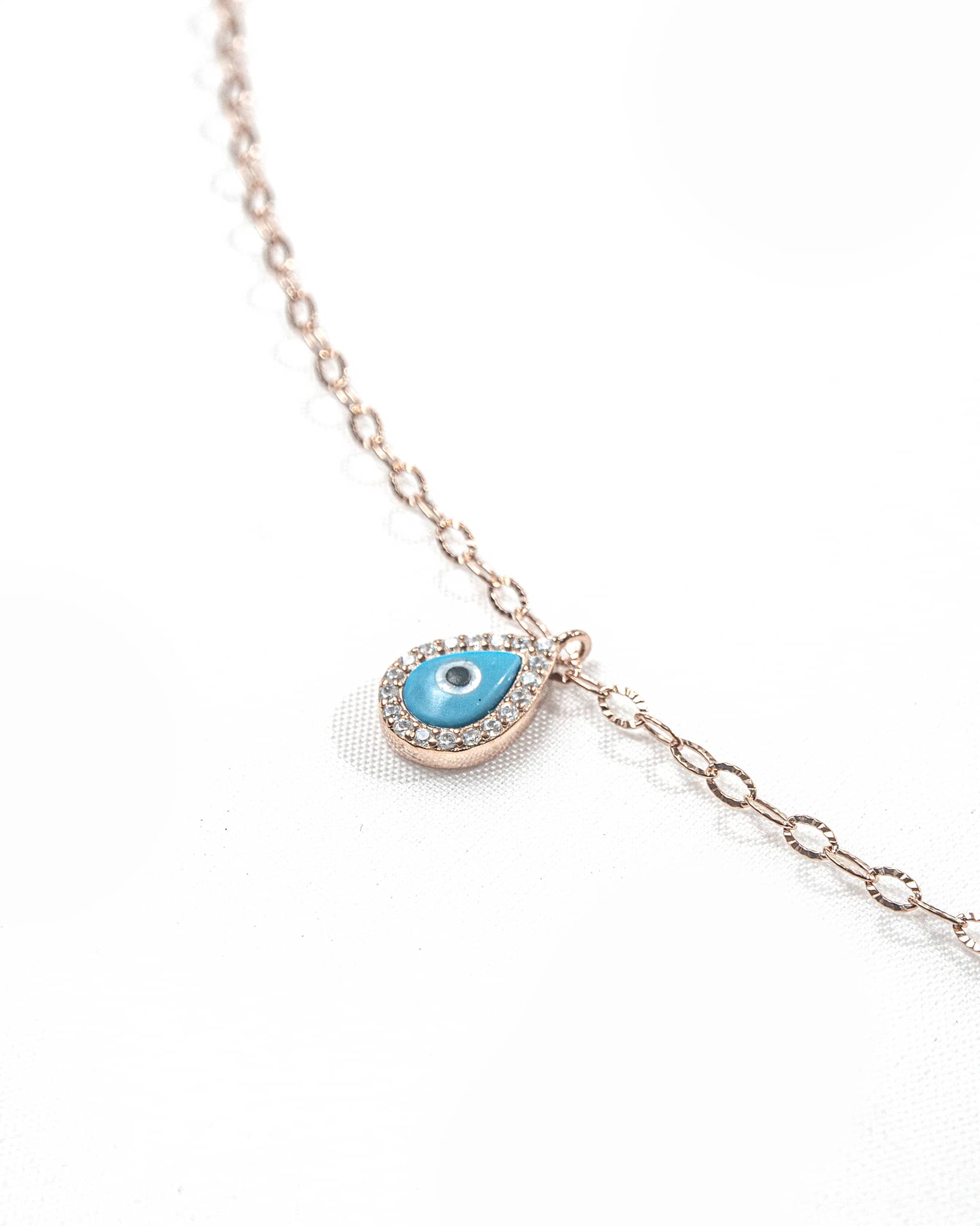 92.5 Sterling Silver Rose Gold Teardrop Evil Eye Necklace | CZ Halo Nazar Pendantv
