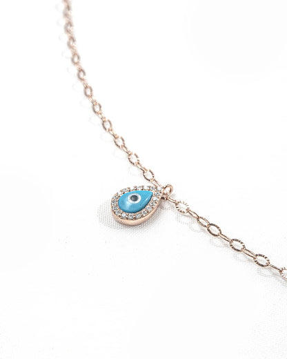 92.5 Sterling Silver Rose Gold Teardrop Evil Eye Necklace | CZ Halo Nazar Pendantv