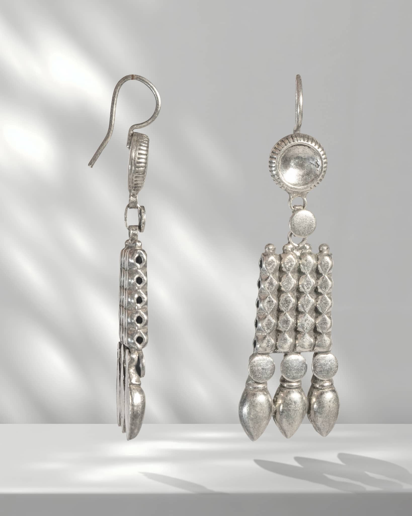 Oxidized 925 Sterling Silver Multi-Layer Tribal Necklace Set | Geometric Spike Choker with Earrings
