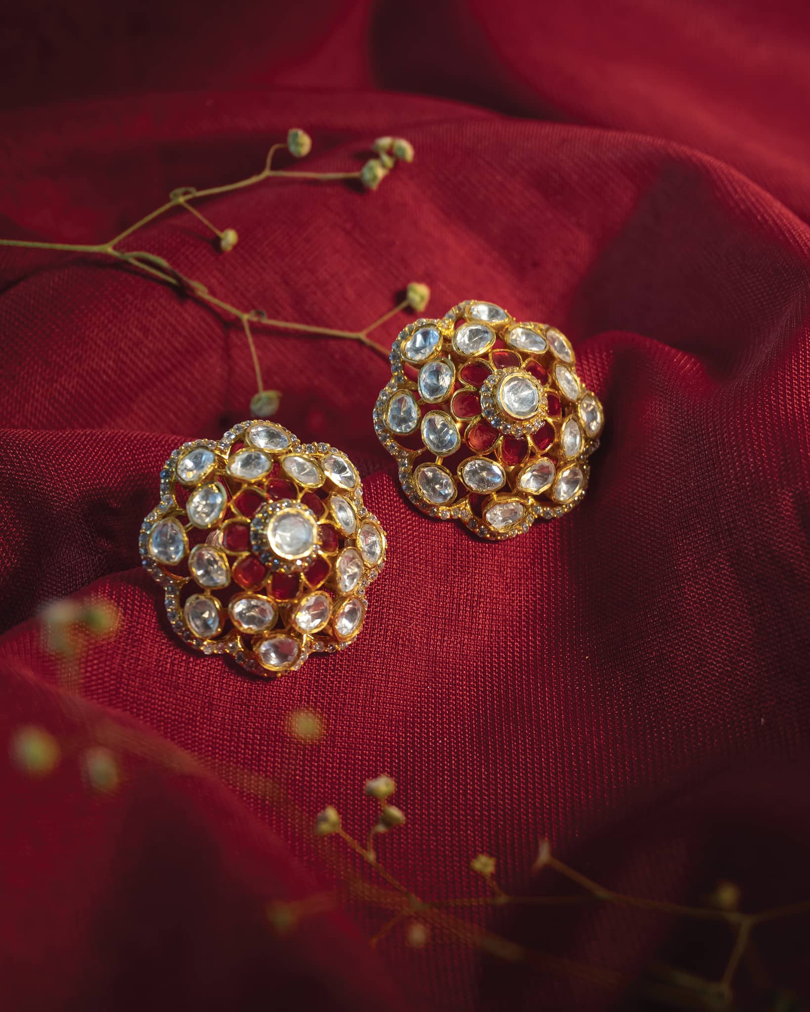 Premium 925 Sterling Silver Gold Plated Polki Floral Studs | Ruby Red Jadau Earrings