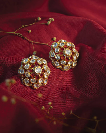 Premium 925 Sterling Silver Gold Plated Polki Floral Studs | Ruby Red Jadau Earrings