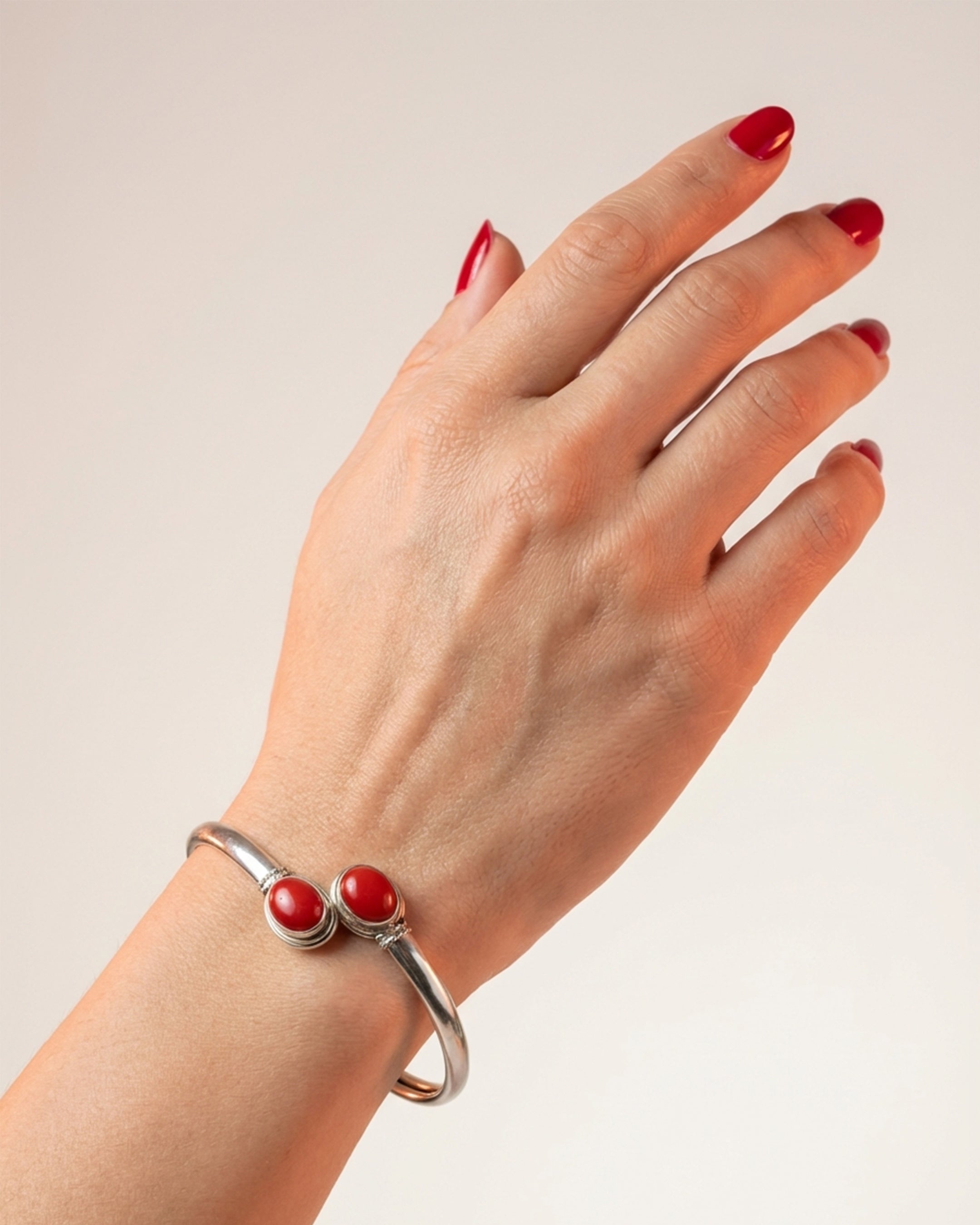 Silver Open Cuff Kada with Red Onyx Stone | Modern Adjustable Bangle