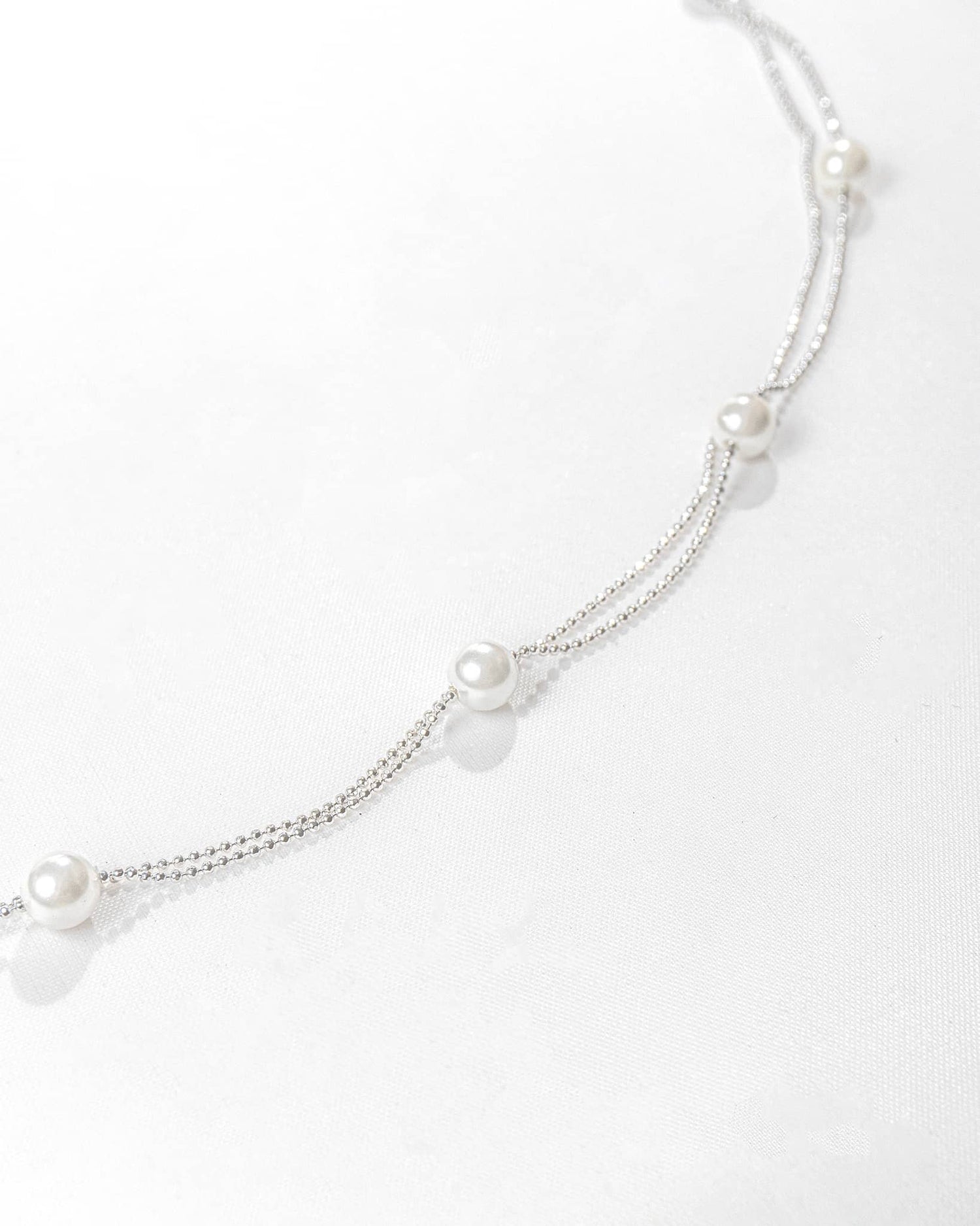 92.5 Sterling Silver Double Layer Pearl Station Necklace | Minimalist Dainty Chain