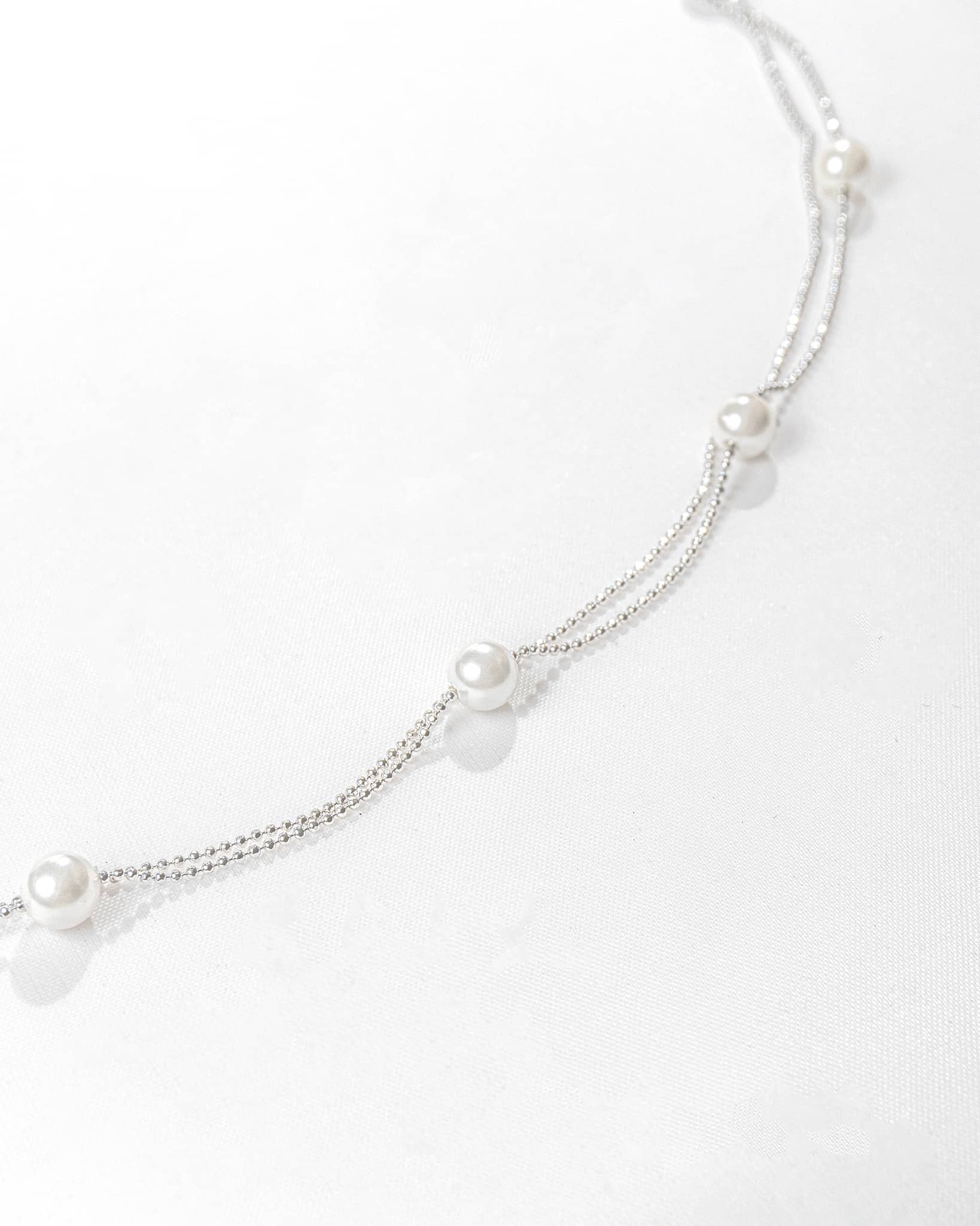 92.5 Sterling Silver Double Layer Pearl Station Necklace | Minimalist Dainty Chain
