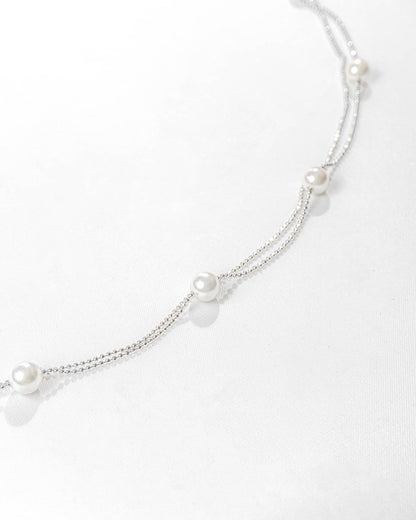 92.5 Sterling Silver Double Layer Pearl Station Necklace | Minimalist Dainty Chain