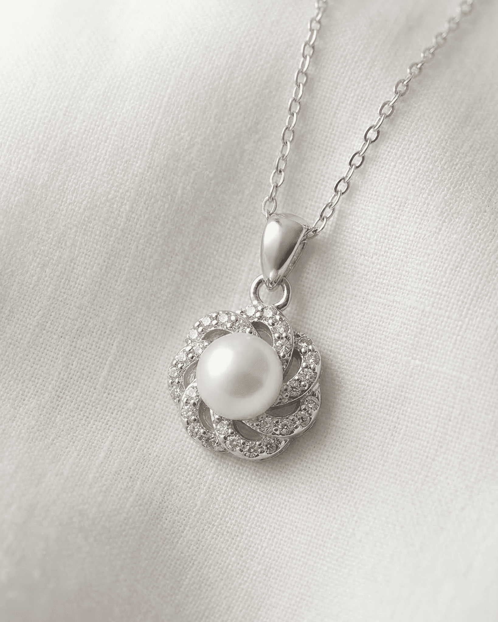 92.5 Sterling Silver Pearl & CZ Swirl Pendant Set | Floral Halo Studs (Chain Not Included)