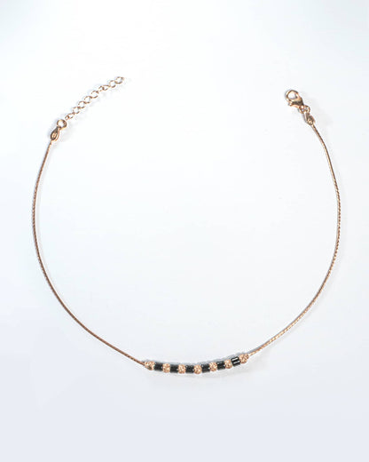 925 Sterling Silver Rose Gold Plated Single Anklet with Black Beads | Modern Nazariya Payal