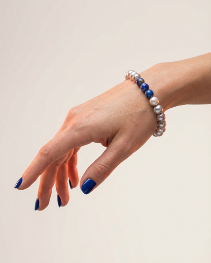 Natural Lapis Lazuli &amp; Pearl Mix Bracelet | Wisdom &amp; Purity Wristlet