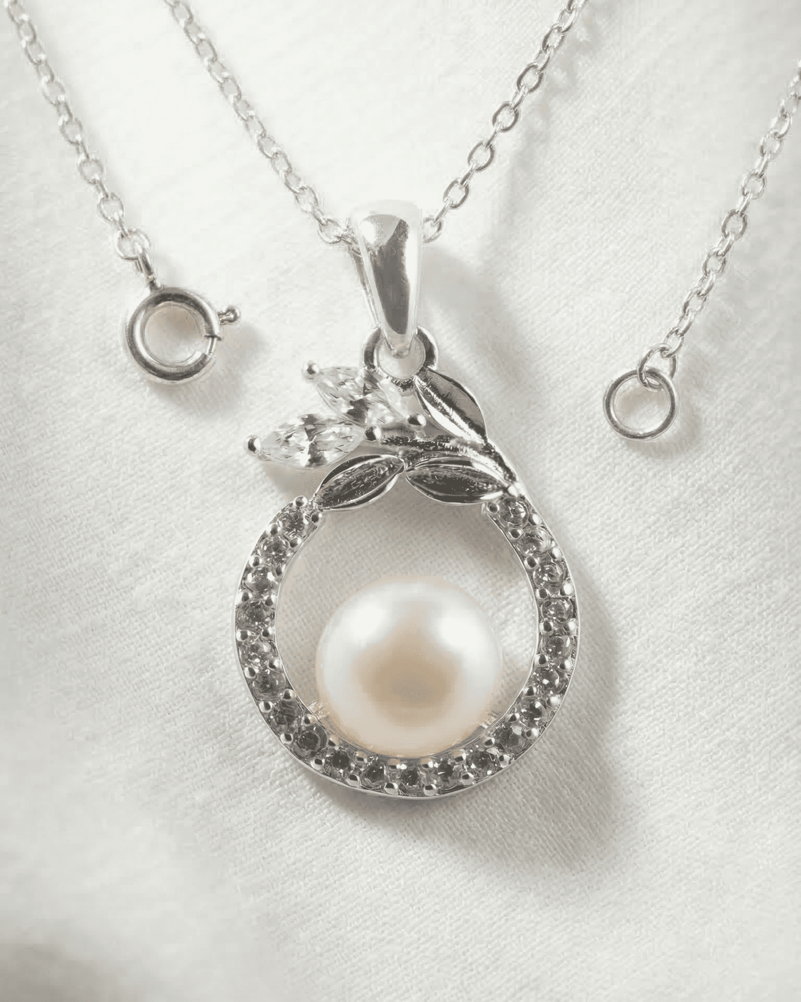 92.5 Sterling Silver Pearl Pendant Set | CZ Leaf Motif Tops (Chain Not Included)