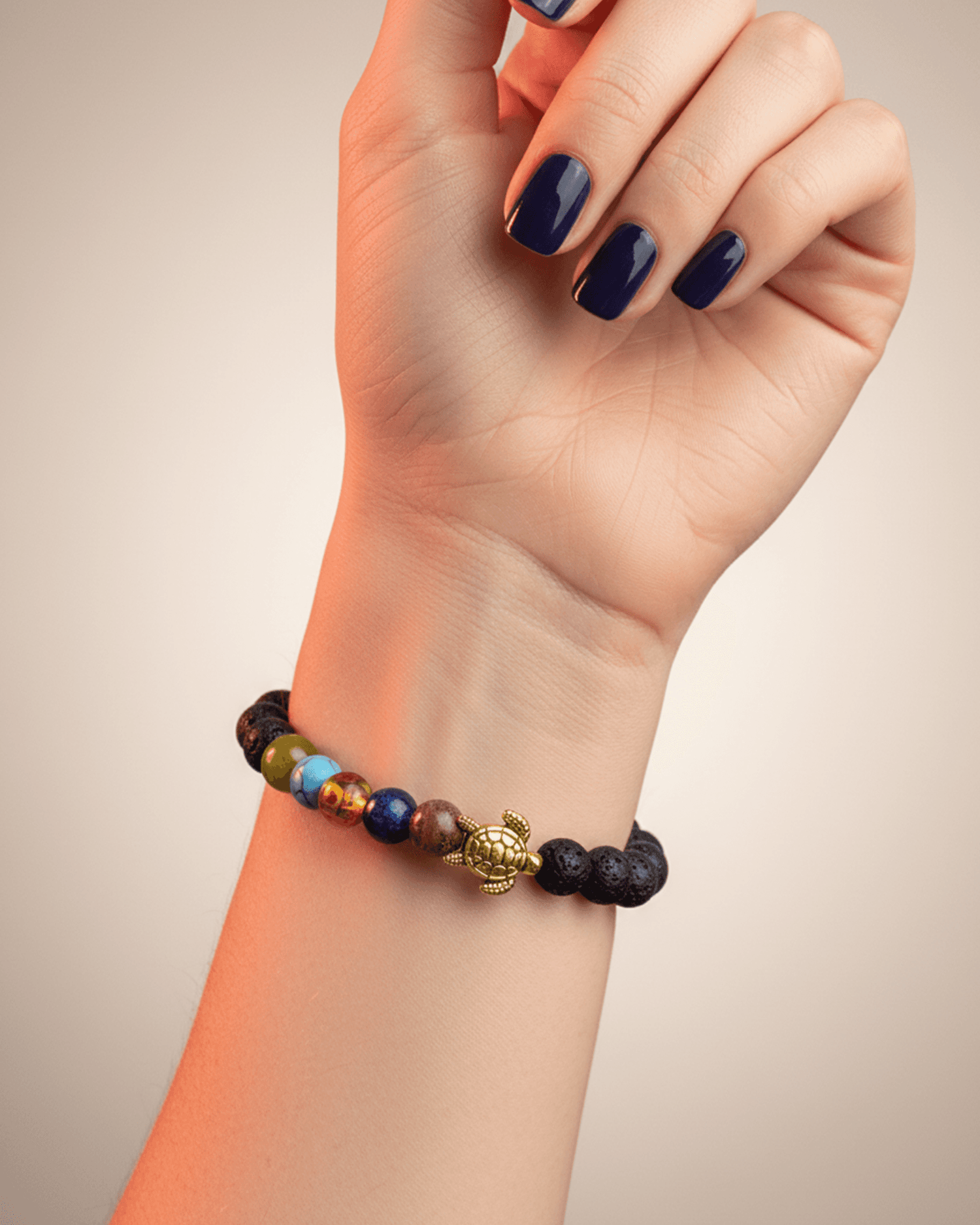 7 Chakra Healing Lava Stone Bracelet with Golden Turtle Charm | Sapt Chakra Reiki Jewelry