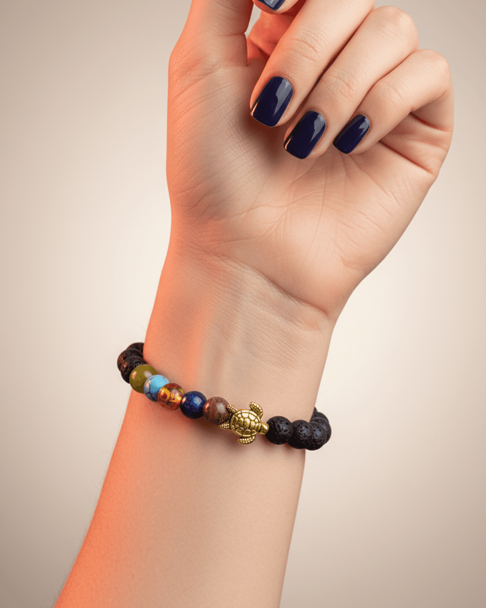 7 Chakra Healing Lava Stone Bracelet with Golden Turtle Charm | Sapt Chakra Reiki Jewelry