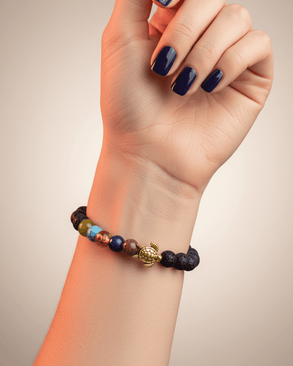 7 Chakra Healing Lava Stone Bracelet with Golden Turtle Charm | Sapt Chakra Reiki Jewelry