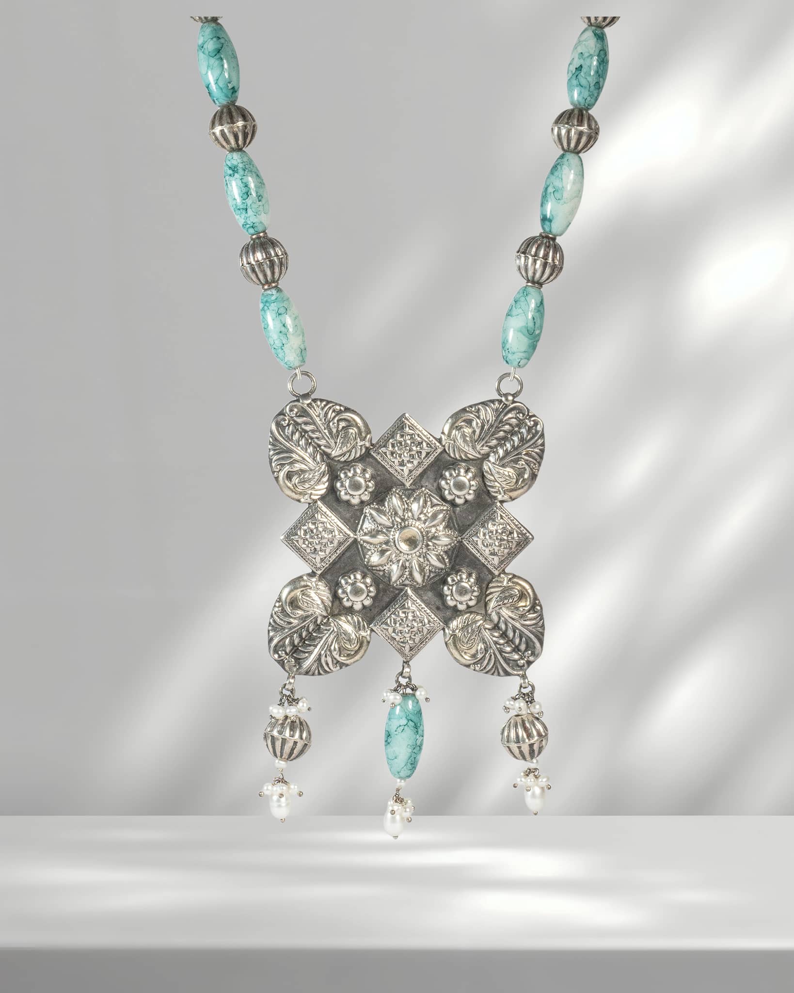 Oxidized 925 Sterling Silver Turquoise Beaded Long Necklace | Tribal Floral Pendant Mala