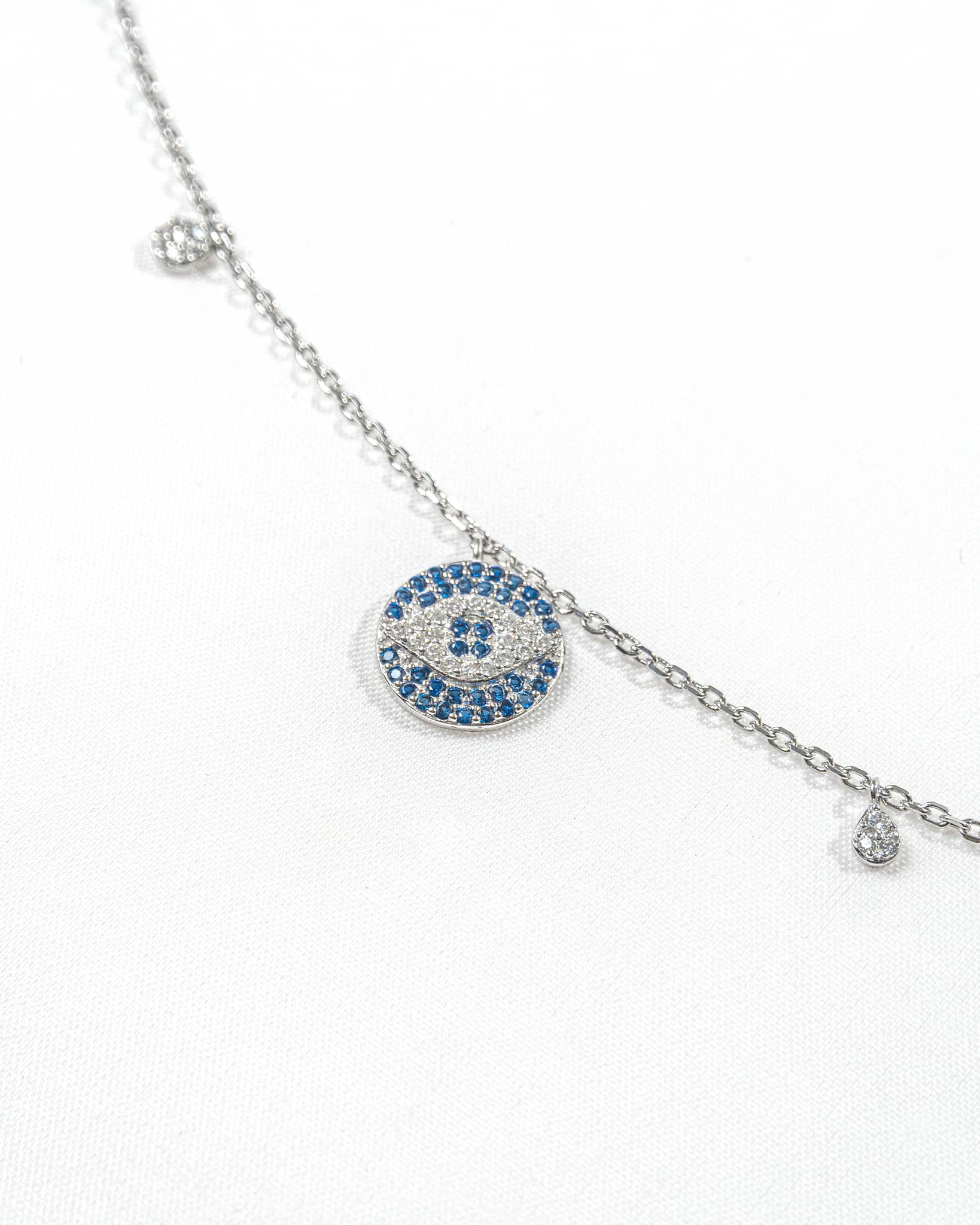 92.5 Sterling Silver Round Pave Evil Eye Necklace | Blue CZ Disc Station Chain