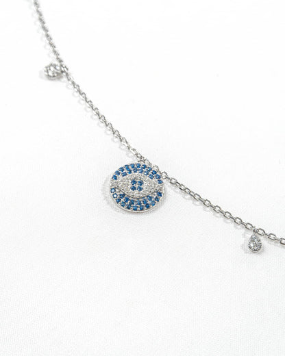 92.5 Sterling Silver Round Pave Evil Eye Necklace | Blue CZ Disc Station Chain