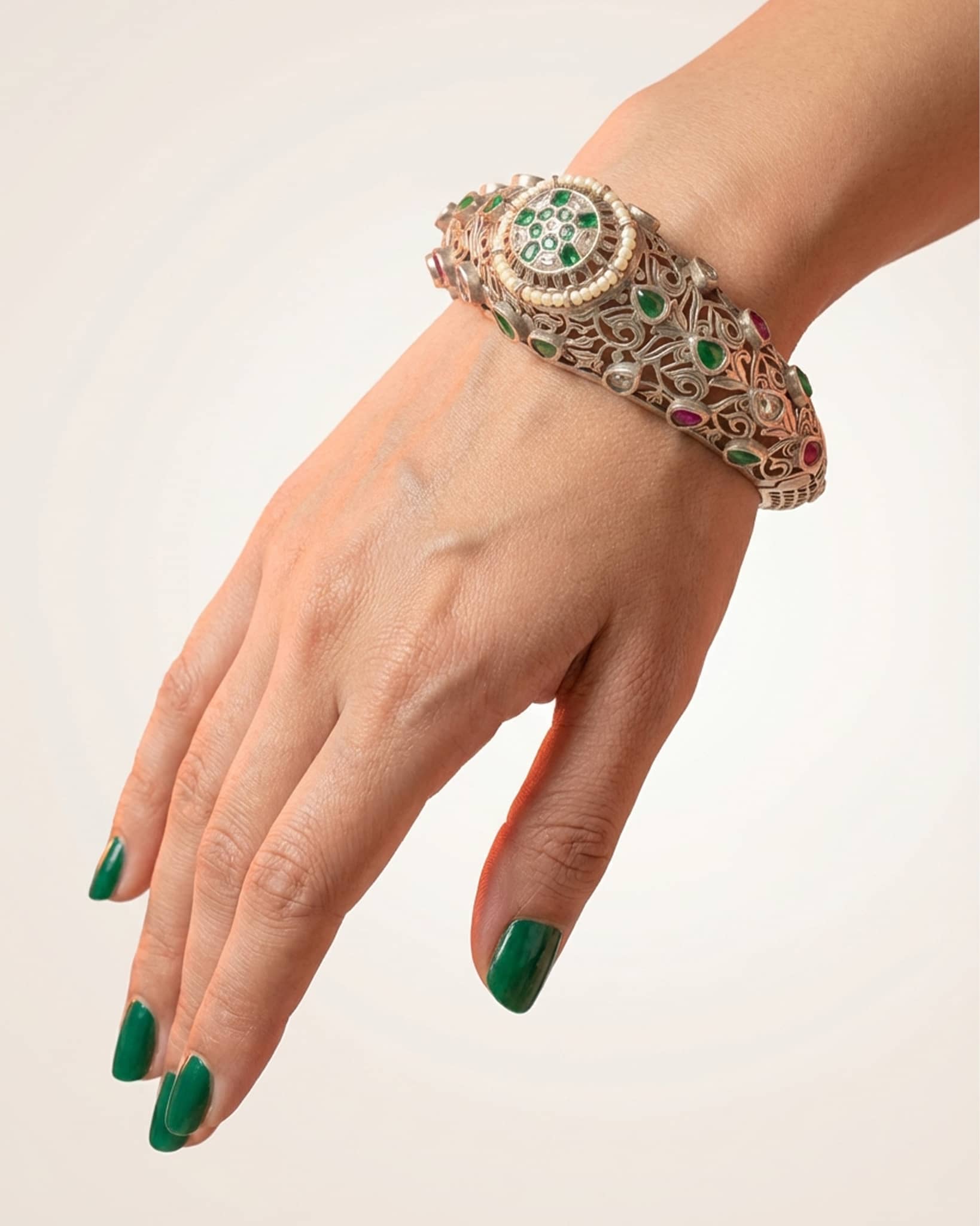 92.5 Sterling Silver Jadau Kundan Floral Bangle | Antique Multistone Wedding Kada