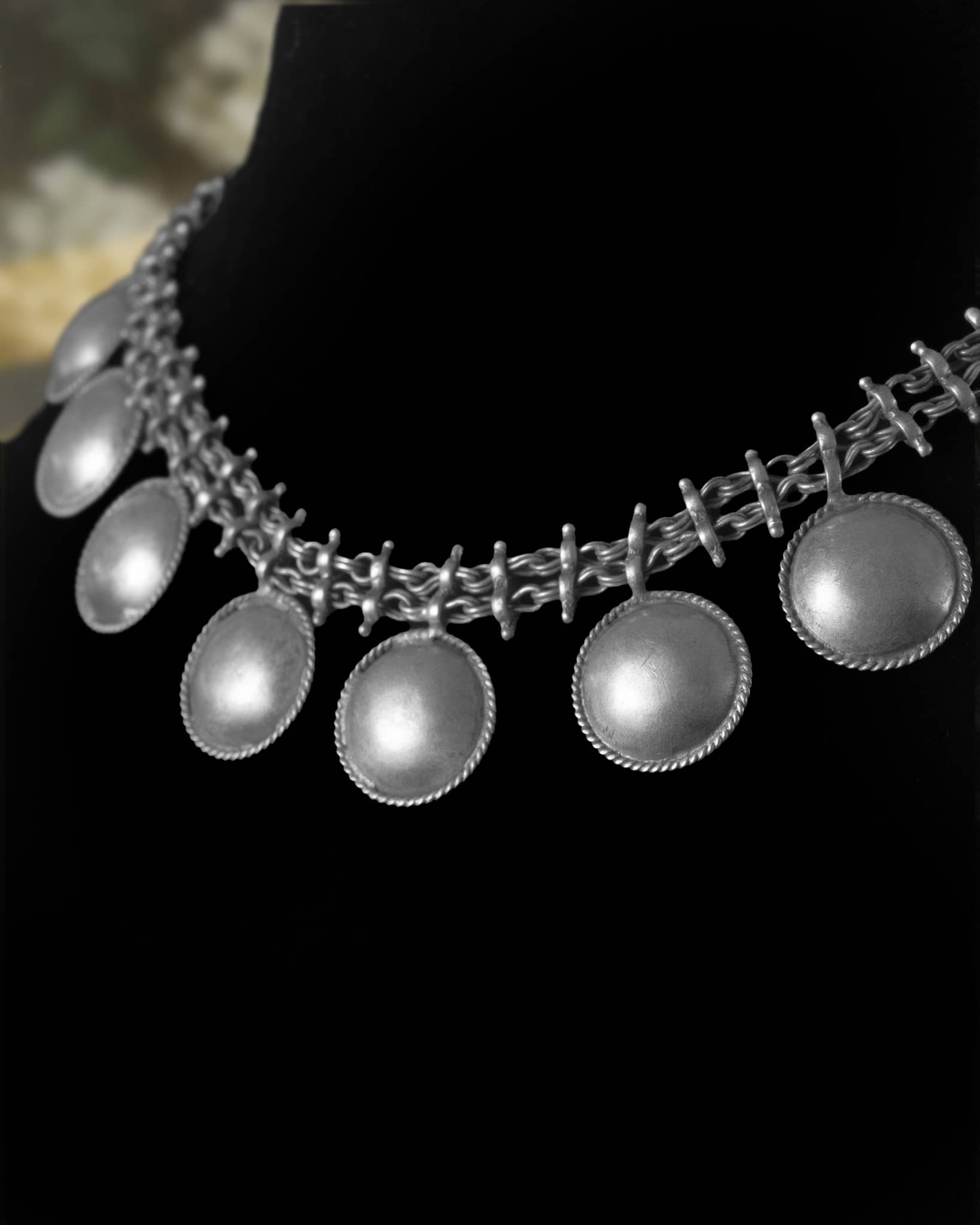 92.5 Sterling Silver Oxidized Plain Button Choker | Tribal Coin Style Necklace
