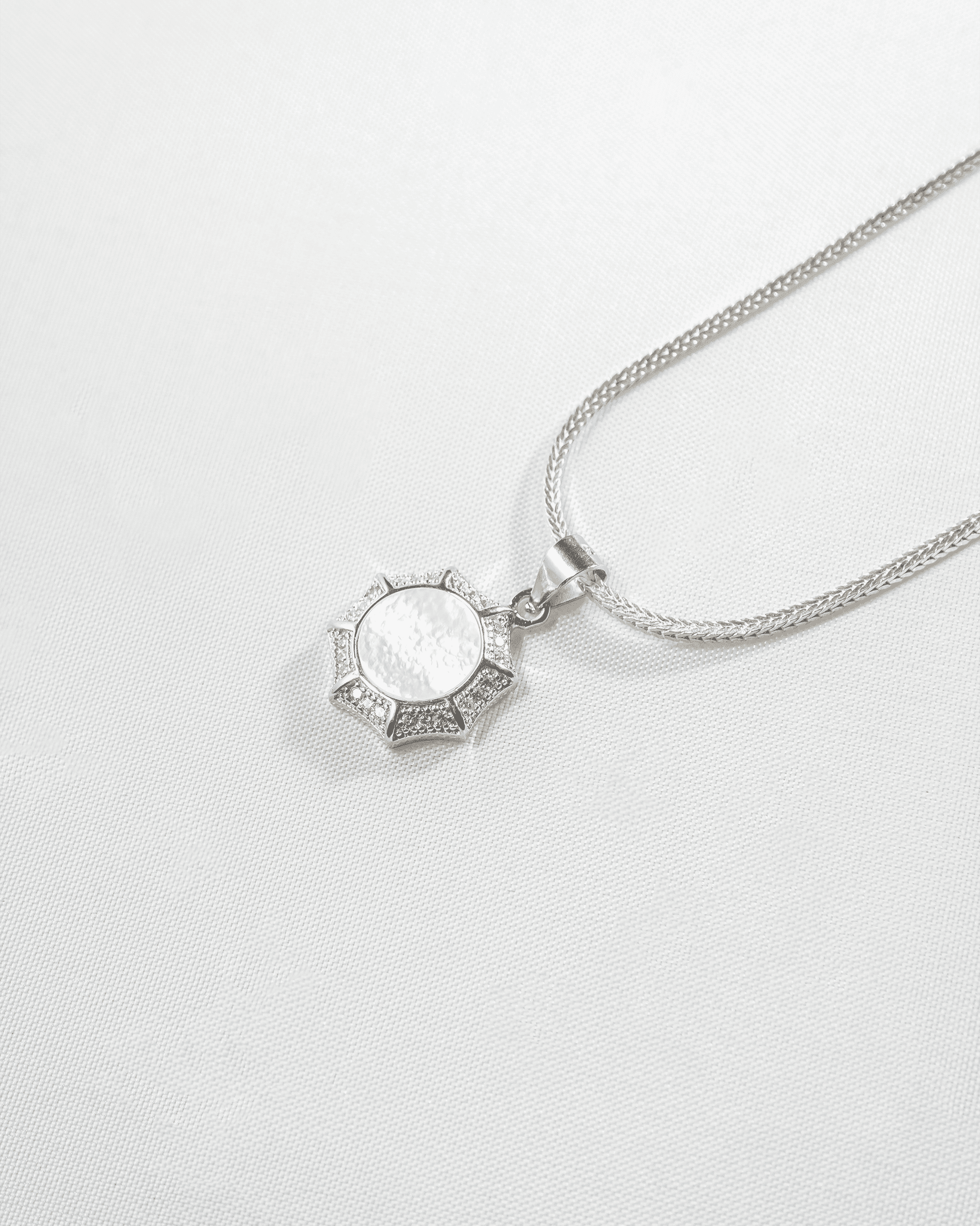 92.5 Sterling Silver Mother of Pearl Pendant Set | CZ Star Halo Studs (Chain Not Included)