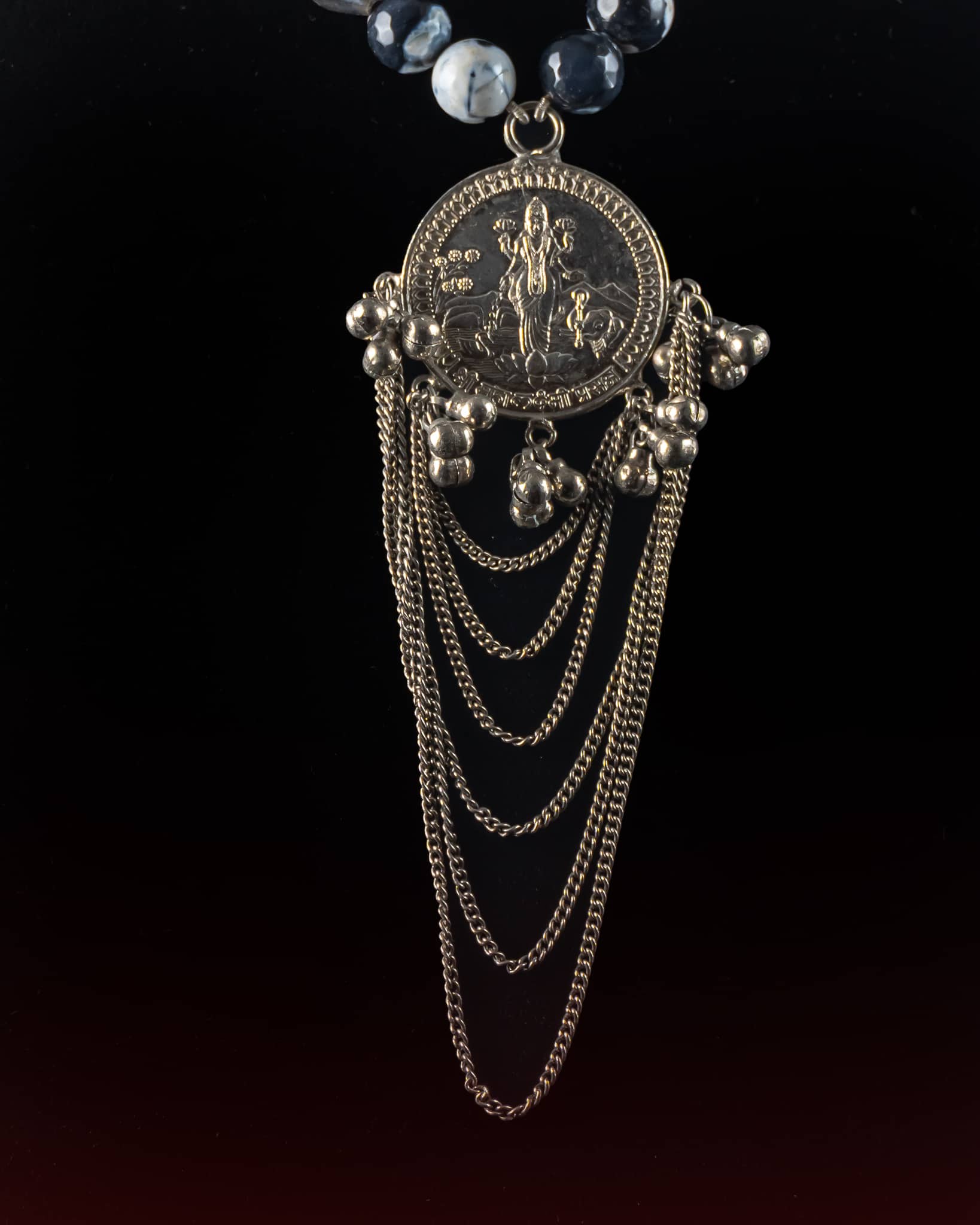 92.5 Sterling Silver Grey Agate Bead Necklace | Lakshmi Coin Pendant with Chain Tassels