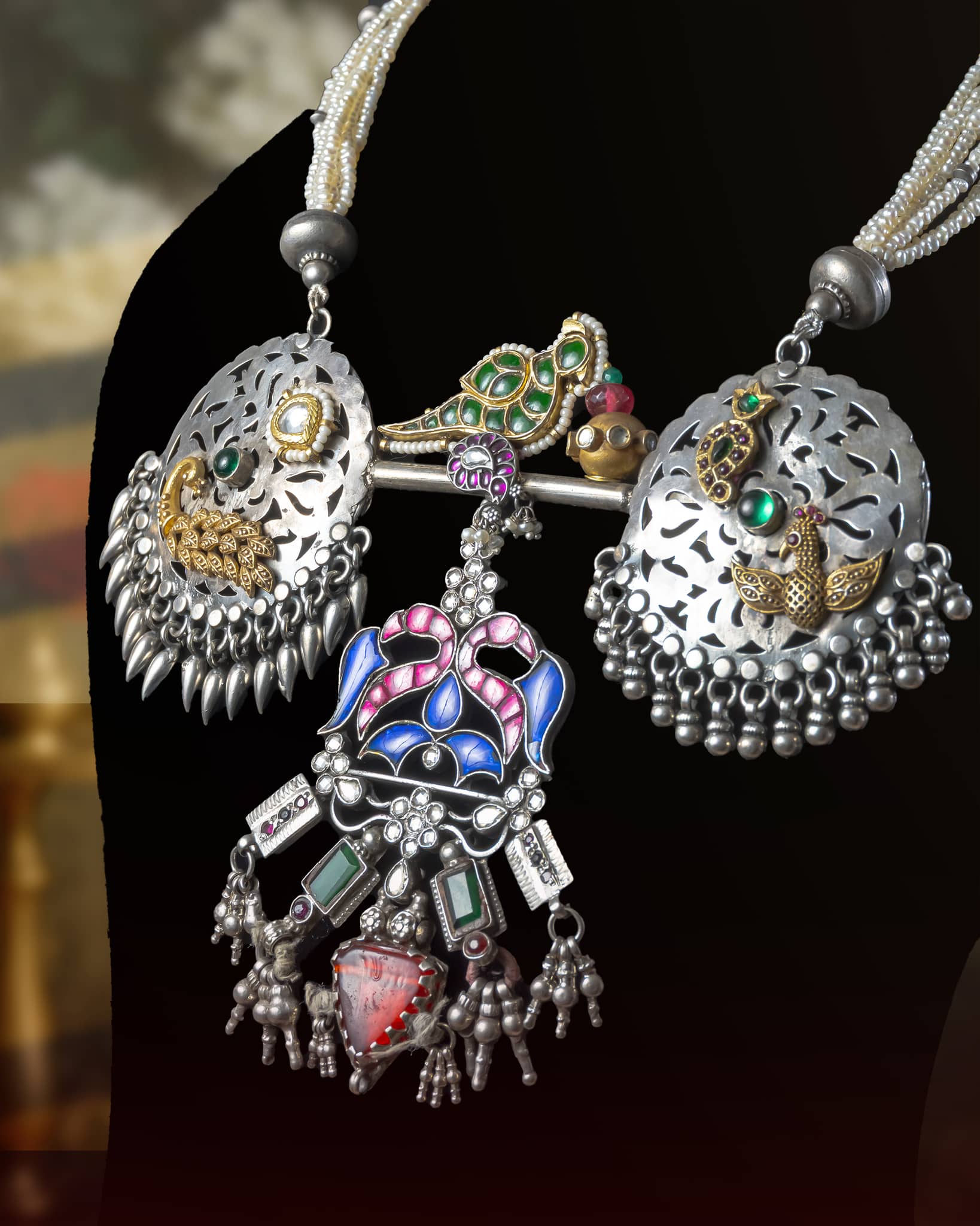 92.5 Sterling Silver Dual Tone Peacock Enamel Statement Necklace | Pearl Strung Aad