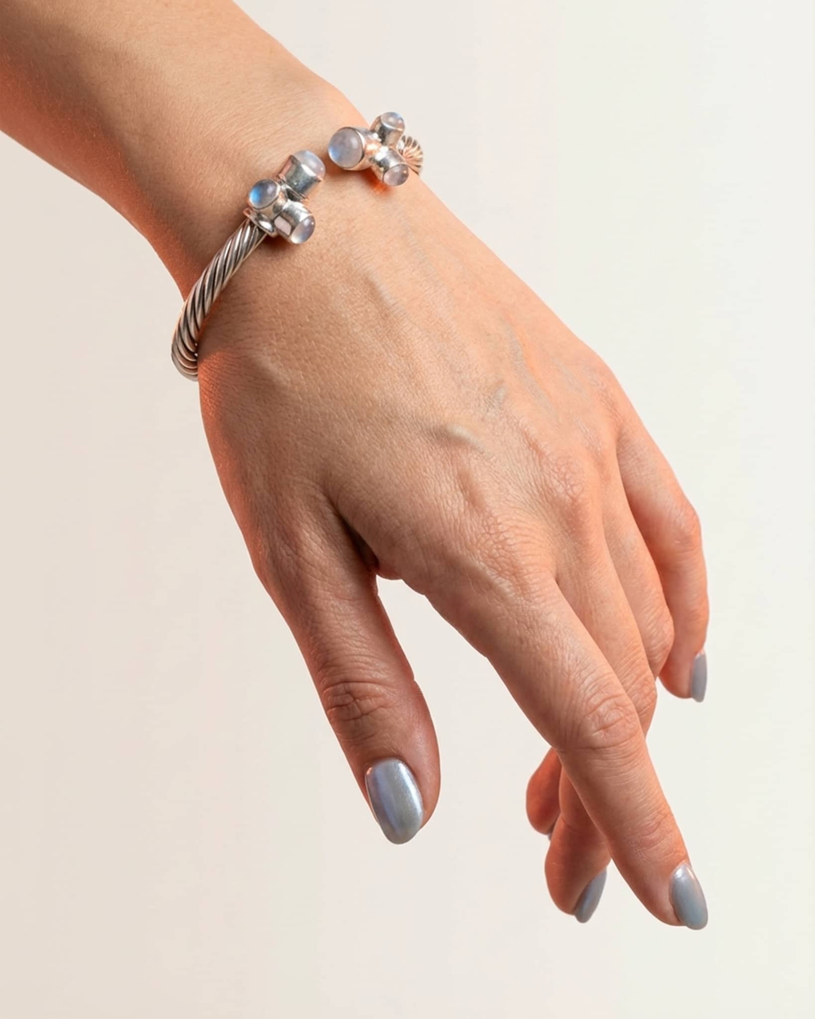 92.5 Sterling Silver Twisted Rope Cuff with Natural Moonstones | Triple Stone Adjustable Bangle