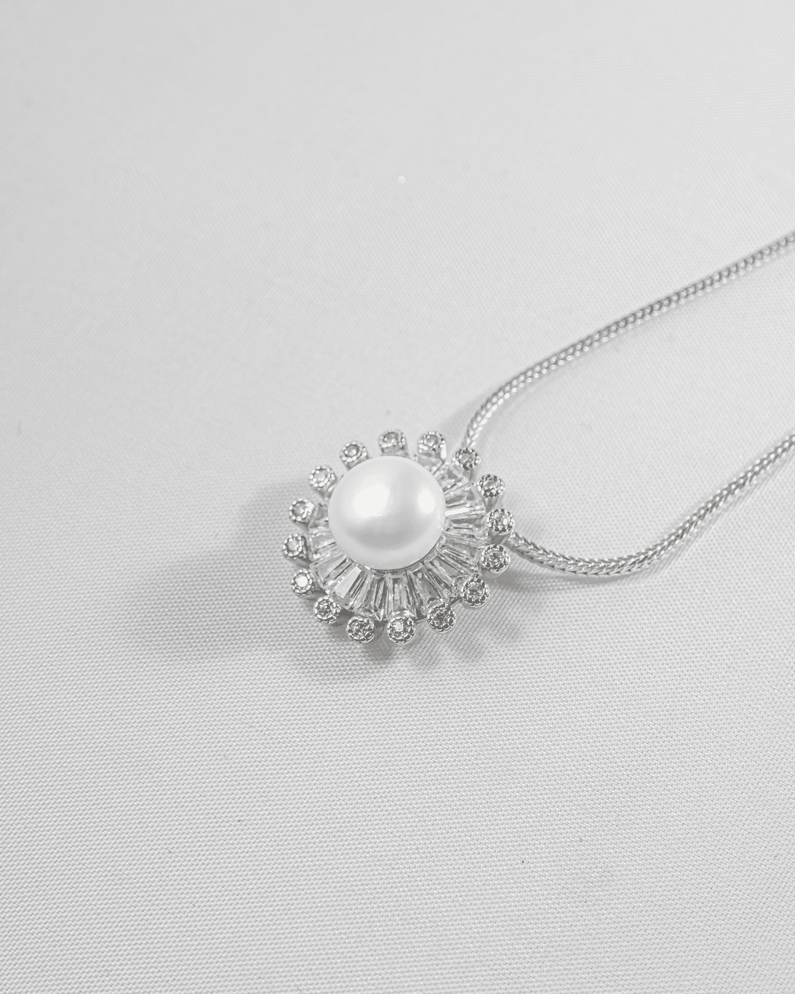 92.5 Sterling Silver Pearl & Baguette CZ Pendant Set | Royal Sunburst Halo (Chain Not Included)